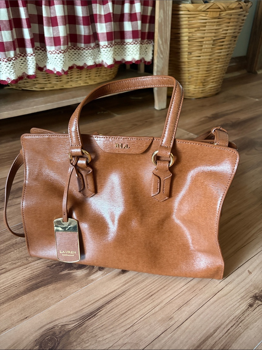 Ralph Lauren Cognac Leather Tote with Gold-Tone Tag